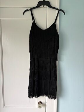 Vintage 90s Cheryl Creations 20’s Black Fringe Flapper Gatsby Tiered Mini Dress
